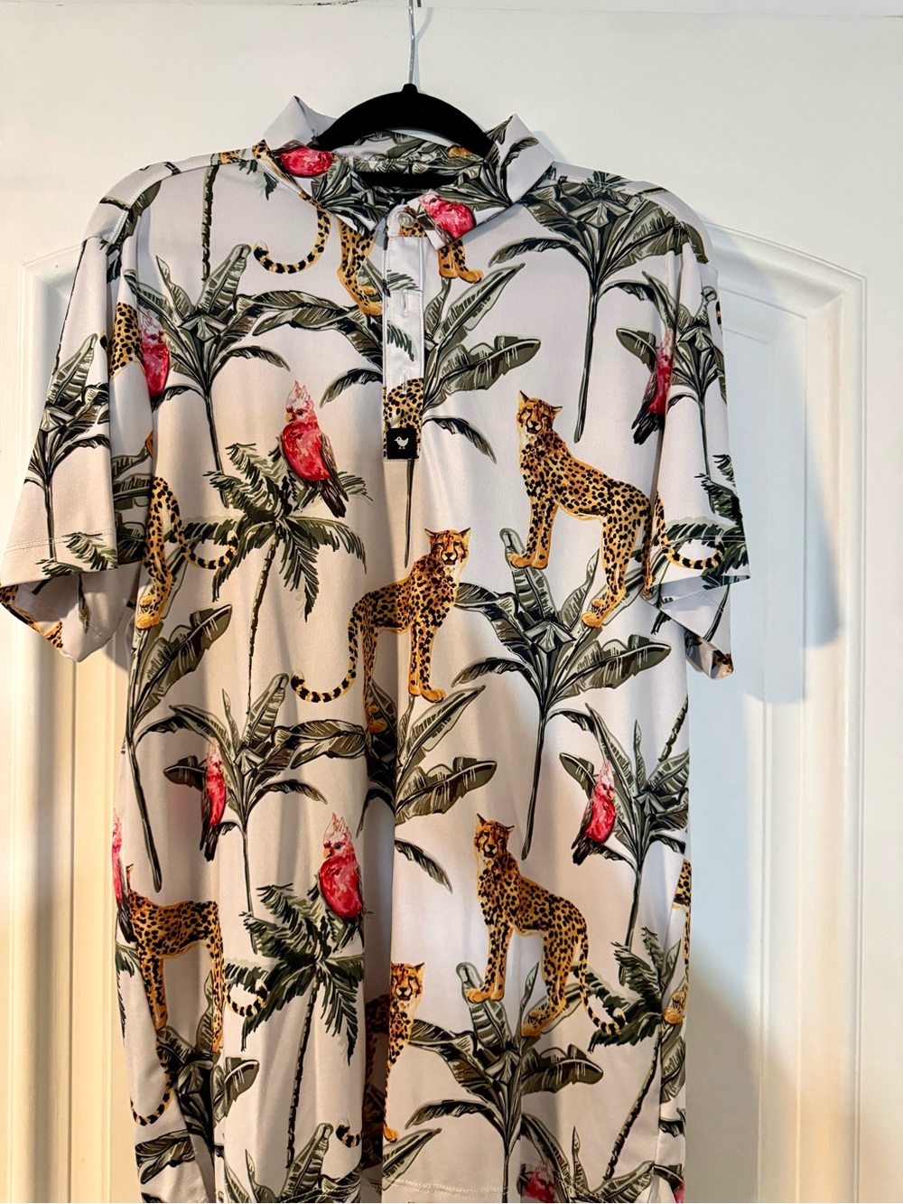 Bad Birdie White Polo with Tropical Leopard & Parrot Print
